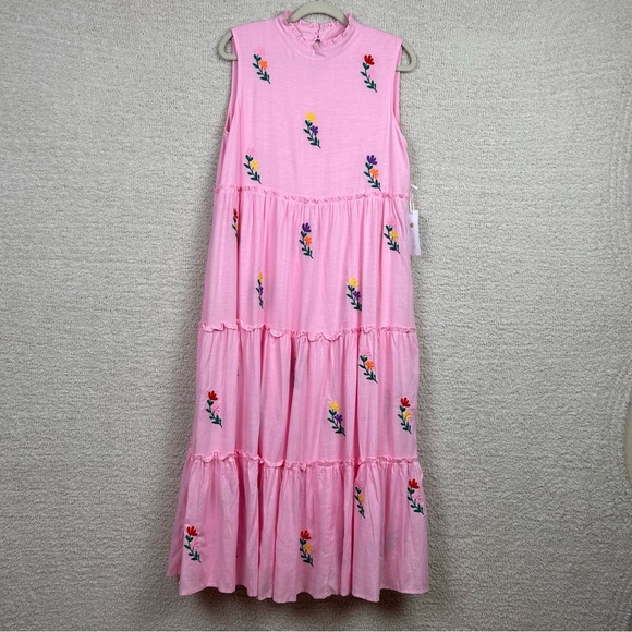 J. Marie Dresses & Skirts - J.Marie Dress Womens M Pink Tiered Embordered Floral Lined Boho Linen Blend Midi